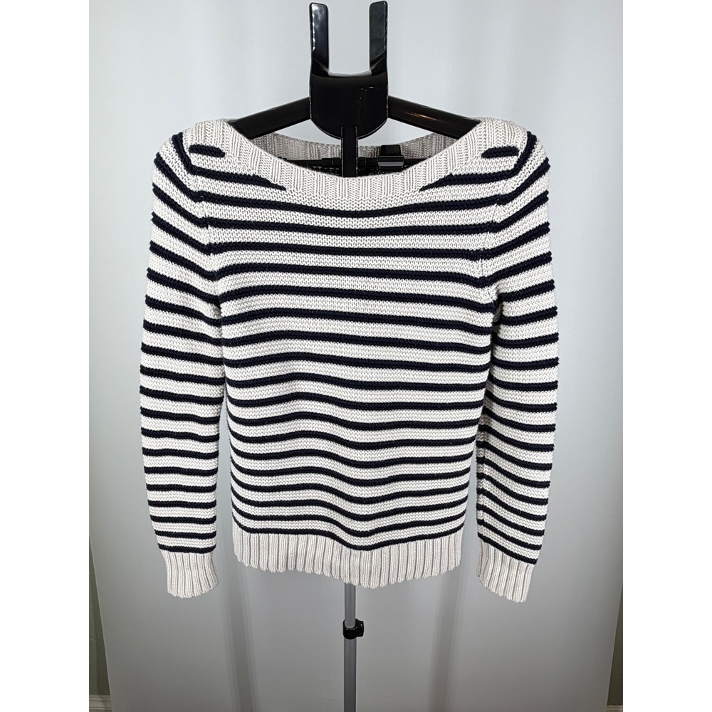Talbots Petites Navy Cream Striped Boat Neck Knit Sweater Nautical Preppy SP
